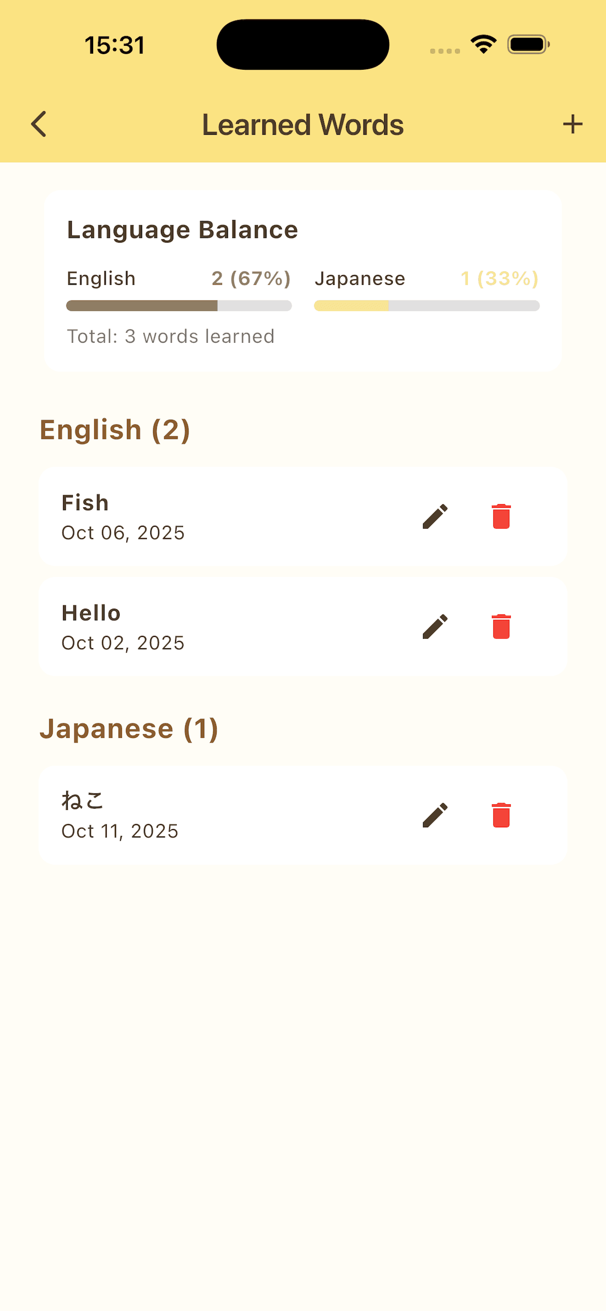 Learned words list
